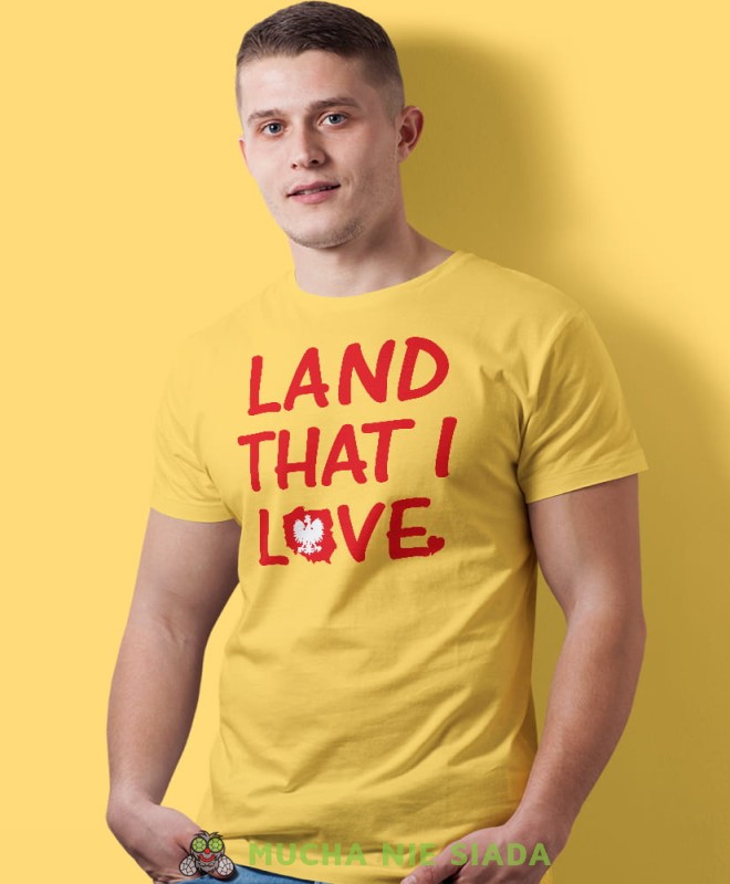 land that i love Poland, żółta męska koszulka z nadrukiem, koszulka patriotyczna, koszulki z grafiką patriotyczną, dla mężczyzny, dla chłopaka na prezent, koszulka Polska, koszulki Polska.jpg