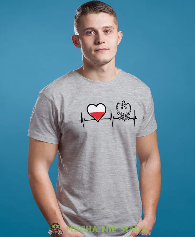Heartbeats, Orzeł Polski, Polska, bicie serca, szara męska koszulka z nadrukiem, koszulka patriotyczna, koszulki z grafiką patriotyczną, dla mężczyzny, dla chłopaka na prezent, koszulka Polska, koszulki Polska.jpg