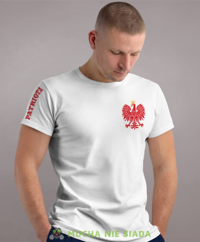 Patriota Orzeł Polski, biała męska koszulka z nadrukiem, koszulka patriotyczna, koszulki z grafiką patriotyczną, dla mężczyzny, dla chłopaka na prezent, koszulka Polska, koszulki Polska.jpg