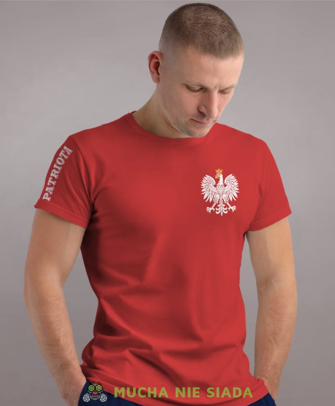 Patriota Orzeł Polski, czerwona męska koszulka z nadrukiem, koszulka patriotyczna, koszulki z grafiką patriotyczną, dla mężczyzny, dla chłopaka na prezent, koszulka Polska, koszulki Polska.jpg