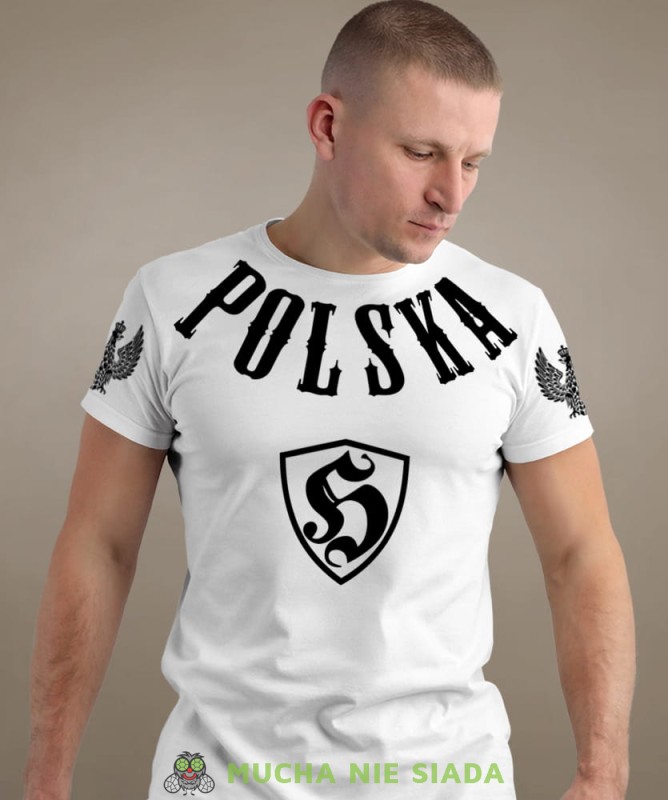 Polska h, biała męska koszulka z nadrukiem, koszulka patriotyczna, koszulki z grafiką patriotyczną, dla mężczyzny, dla chłopaka na prezent, koszulka Polska, koszulki Polska.jpg