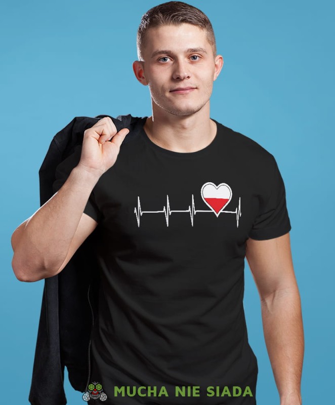 Heartbeats, Polska bicie serca, czarna męska koszulka z nadrukiem, koszulka patriotyczna, koszulki z grafiką patriotyczną, dla mężczyzny, dla chłopaka na prezent, koszulka Polska, koszulki Polska.jpg