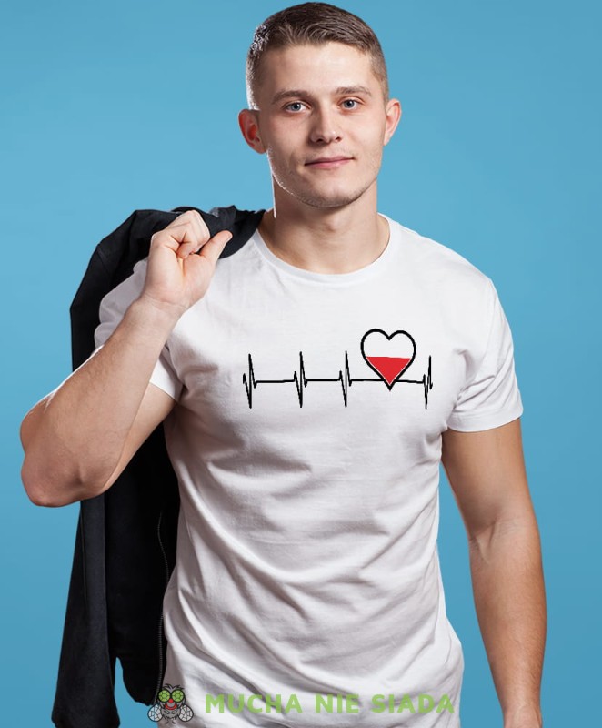 Heartbeats, Polska bicie serca, biała męska koszulka z nadrukiem, koszulka patriotyczna, koszulki z grafiką patriotyczną, dla mężczyzny, dla chłopaka na prezent, koszulka Polska, koszulki Polska.jpg