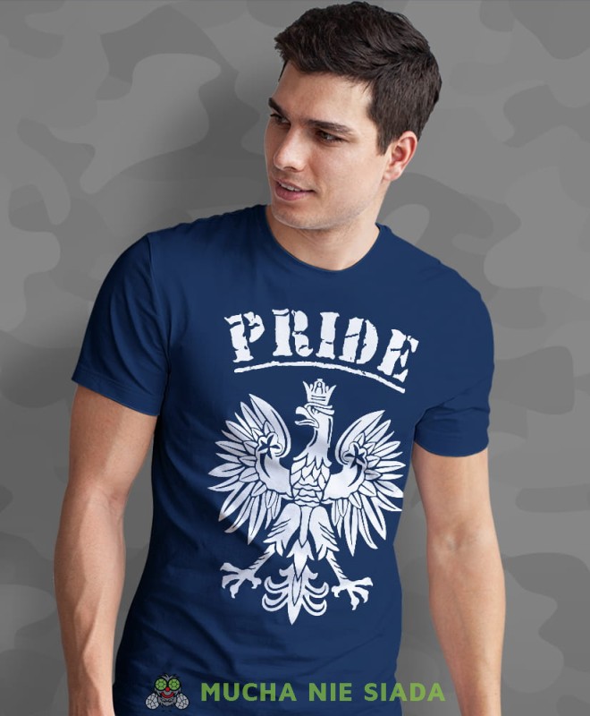 Pride Orzeł Polski, granatowa męska koszulka z nadrukiem, koszulka patriotyczna, koszulki z grafiką patriotyczną, dla mężczyzny, dla chłopaka na prezent, koszulka Polska, koszulki Polska.jpg