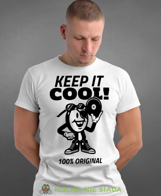 keep it cool, biała męska koszulka z nadrukiem na co dzień, na prezent, fajna koszulka.jpg