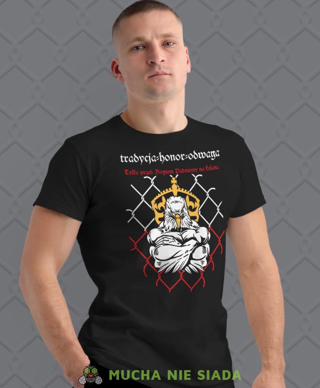 tradycja honor odwaga, tylko przed Bogiem padniemy na kolana, czarna męska koszulka z nadrukiem, koszulka patriotyczna, dla mężczyzny, dla chłopaka na prezent, koszulka Polska, koszulki Polska.jpg