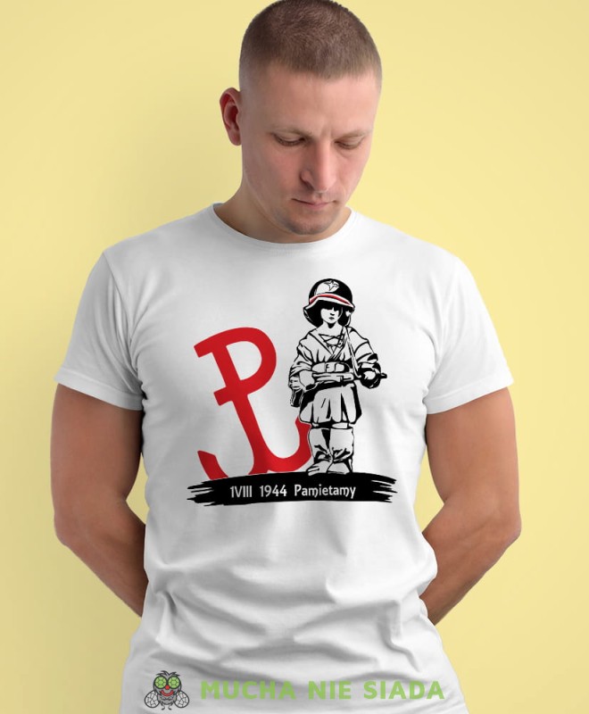 Mały Powstaniec Polska walcząca, Pamiętamy 1944, biała męska koszulka z nadrukiem, koszulka patriotyczna, koszulki z grafiką patriotyczną, dla mężczyzny, dla chłopaka na prezent, koszulka Polska, koszulki Polska.jpg