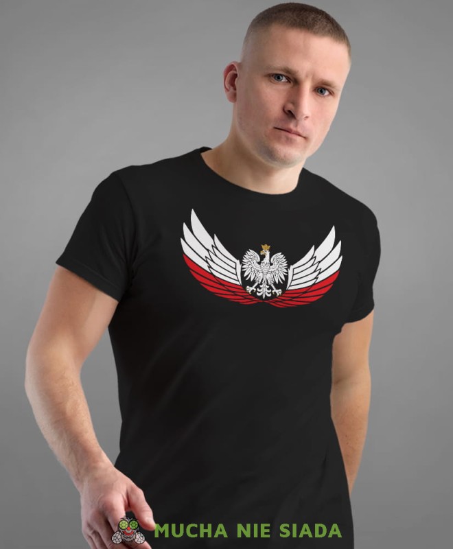 Orzeł Polski biało czerwone skrzydła, czarna męska koszulka z nadrukiem, koszulka patriotyczna, koszulki z grafiką patriotyczną, dla mężczyzny, dla chłopaka na prezent, koszulka Polska, koszulki Polska.jpg