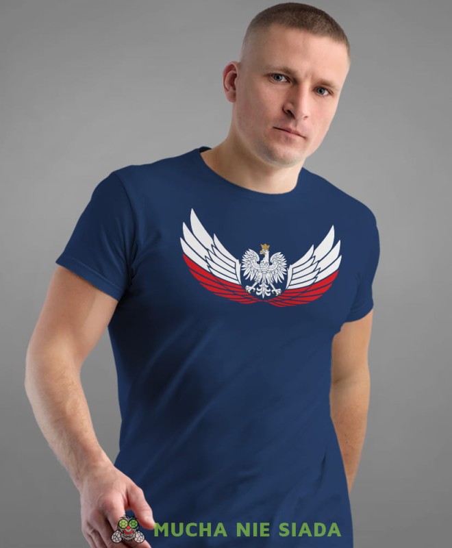 Orzeł Polski biało czerwone skrzydła, granatowa męska koszulka z nadrukiem, koszulka patriotyczna, koszulki z grafiką patriotyczną, dla mężczyzny, dla chłopaka na prezent, koszulka Polska, koszulki Polska.jpg