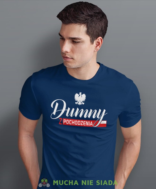 dumny  pochodzenia orzeł flaga Polski, granatowa męska koszulka z nadrukiem, koszulka patriotyczna, koszulki z grafiką patriotyczną, dla mężczyzny, dla chłopaka na prezent, koszulka Polska, koszulki Polska.jpg