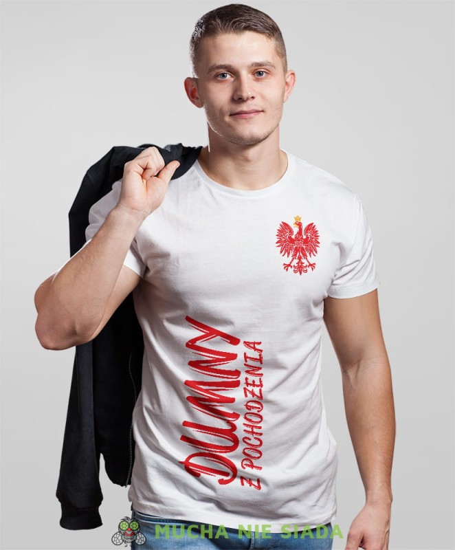 dumny z  pochodzenia Orzeł Polski pion, biała męska koszulka z nadrukiem, koszulka patriotyczna, koszulki z grafiką patriotyczną, dla mężczyzny, dla chłopaka na prezent, koszulka Polska, koszulki Polska.jpg