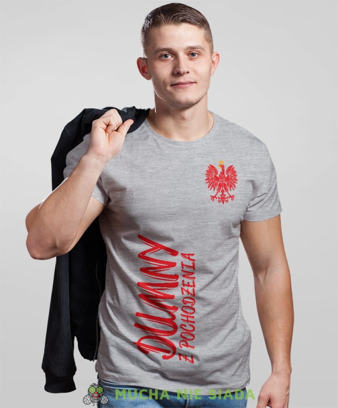 dumny z  pochodzenia Orzeł Polski pion, szara męska koszulka z nadrukiem, koszulka patriotyczna, koszulki z grafiką patriotyczną, dla mężczyzny, dla chłopaka na prezent, koszulka Polska, koszulki Polska.jpg