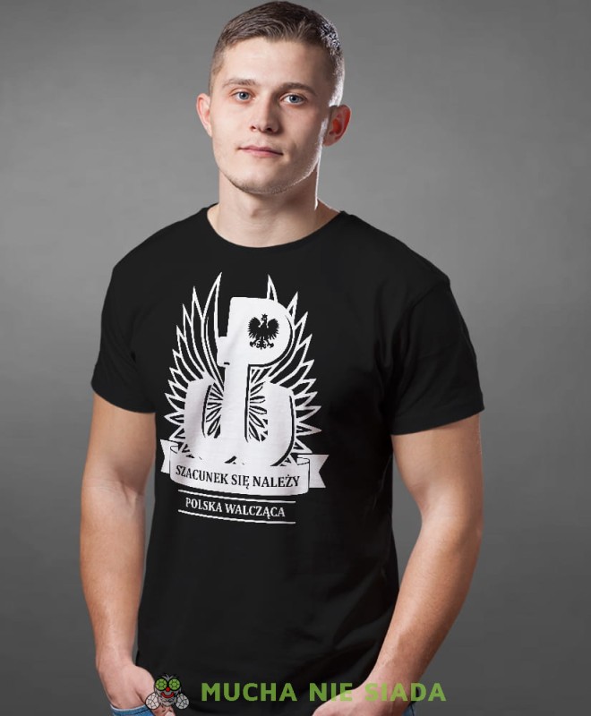 szacunek się należy Polska Walcząca, czarna męska koszulka z nadrukiem, koszulka patriotyczna, dla mężczyzny, dla chłopaka na prezent, koszulka Polska, koszulki Polska.jpg