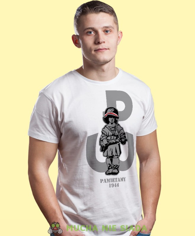 mały powstaniec Polska Walcząca, biała męska koszulka z nadrukiem, koszulka patriotyczna, koszulki z grafiką patriotyczną, dla mężczyzny, dla chłopaka na prezent, koszulka Polska, koszulki Polska.jpg