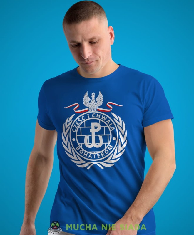 cześć i chwała bohaterom, Polska Walcząca, niebieska męska koszulka z nadrukiem, koszulka patriotyczna, koszulki z grafiką patriotyczną, dla mężczyzny, dla chłopaka na prezent, koszulka Polska, koszulki Polska.jpg