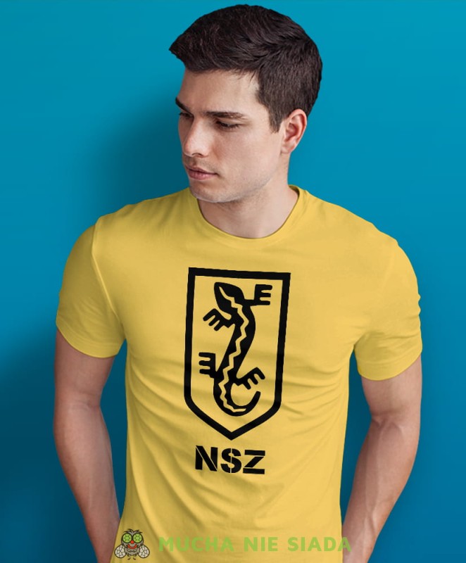NSZ, Narodowe Siły Zbrojne, żółta męska koszulka z nadrukiem, koszulka patriotyczna, koszulki z grafiką patriotyczną, dla mężczyzny, dla chłopaka na prezent, koszulka Polska, koszulki Polska.jpg