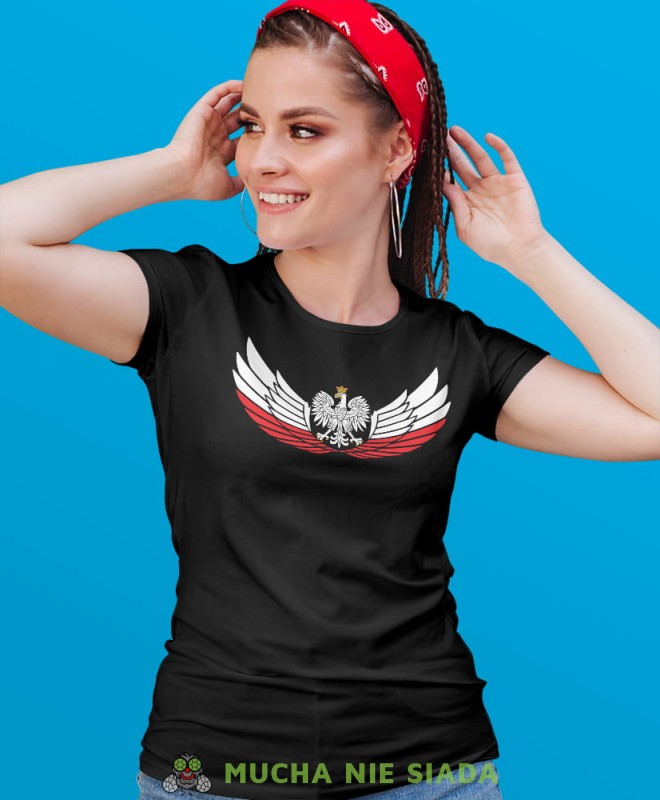 Orzeł Polski biało czerwone skrzydła czarna damska koszulka patriotyczna, patriotka, koszulka dla niej, dla dziewczyny, koszulka na prezent.jpg