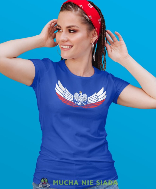 Orzeł Polski biało czerwone skrzydła niebieska damska koszulka patriotyczna, patriotka, koszulka dla niej, dla dziewczyny, koszulka na prezent.jpg