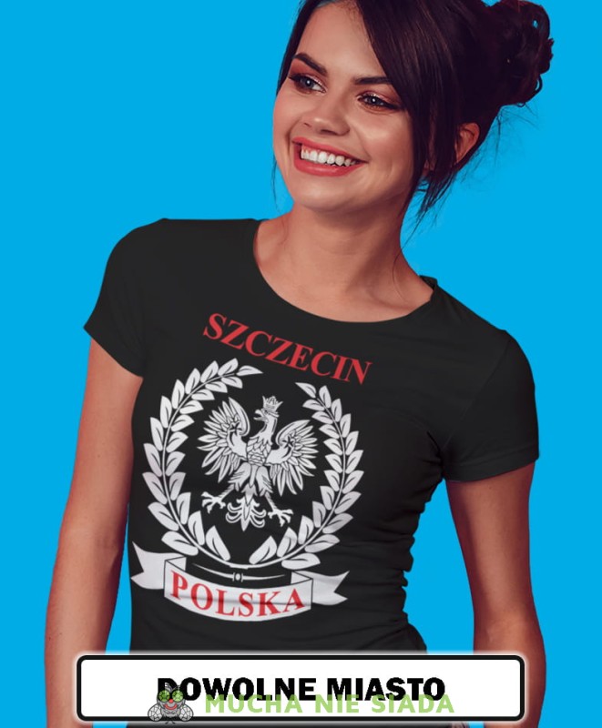 miasto Polska Orzeł Polski laur czarna damska koszulka patriotyczna, patriotka, koszulka dla niej, dla dziewczyny, koszulka na prezent opis.jpg