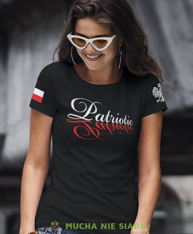 patriotic Orzeł Polski flaga czarna damska koszulka patriotyczna, patriotka, koszulka dla niej, dla dziewczyny, koszulka na prezent.jpg