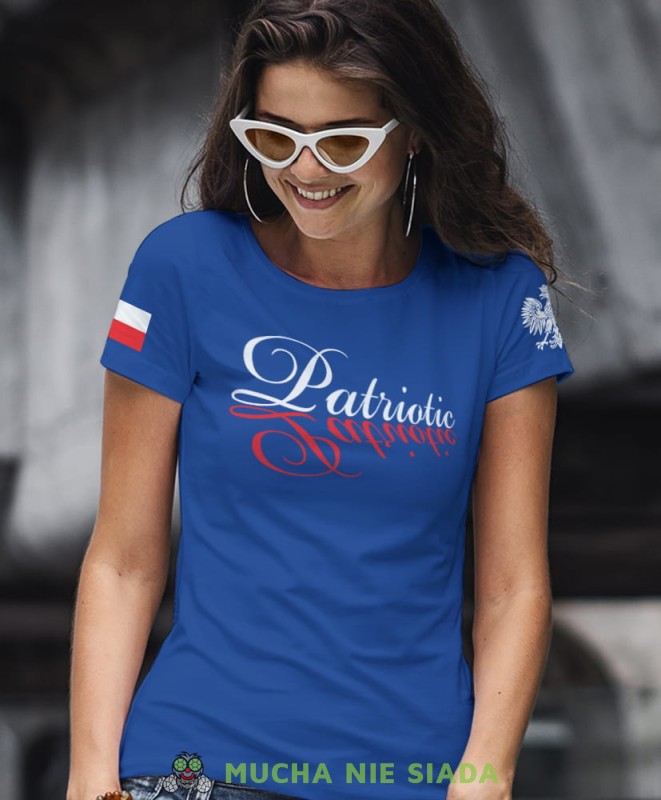 patriotic Orzeł Polski flaga niebieska damska koszulka patriotyczna, patriotka, koszulka dla niej, dla dziewczyny, koszulka na prezent.jpg