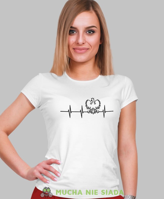 Orzeł Polski bicie serca biała damska koszulka patriotyczna, patriotka, koszulka dla niej, dla dziewczyny, koszulka na prezent.jpg