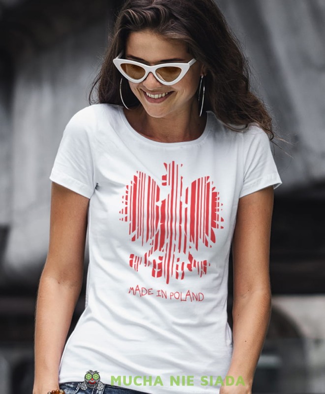 made in poland Orzeł Polski kod kreskowy biała damska koszulka patriotyczna, patriotka, koszulka dla niej, dla dziewczyny, koszulka na prezent.jpg