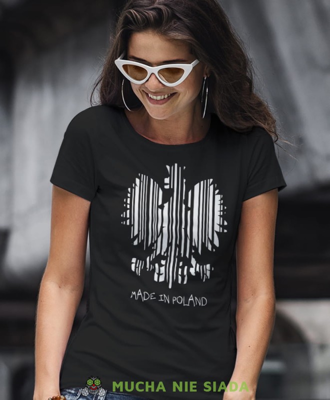 made in poland Orzeł Polski kod kreskowy czarna damska koszulka patriotyczna, patriotka, koszulka dla niej, dla dziewczyny, koszulka na prezent.jpg