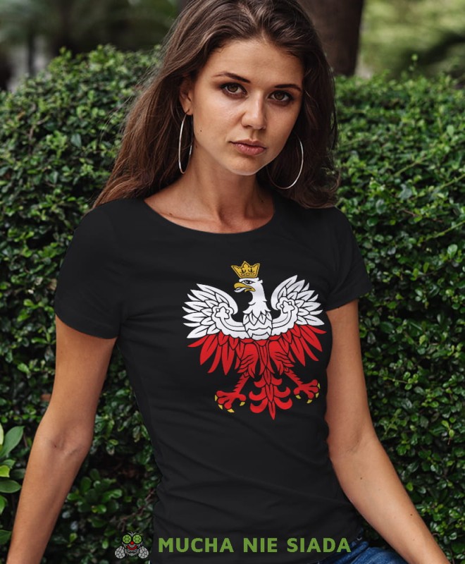 Orzeł Polski biało czerwony czarna damska koszulka patriotyczna, patriotka, koszulka dla niej, dla dziewczyny, koszulka na prezent.jpg