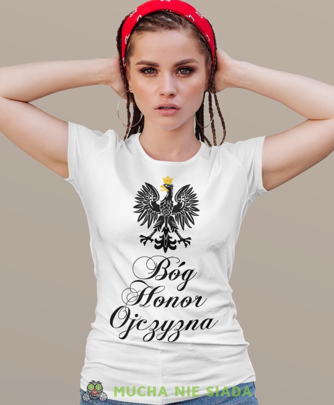 Bóg Honor Ojczyzna Orzeł Polski biała damska koszulka patriotyczna, patriotka, koszulka dla niej, dla dziewczyny, koszulka na prezent.jpg