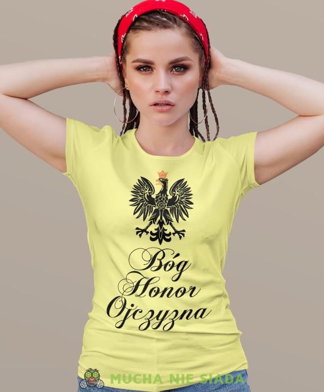 Bóg Honor Ojczyzna Orzeł Polski żółta damska koszulka patriotyczna, patriotka, koszulka dla niej, dla dziewczyny, koszulka na prezent.jpg