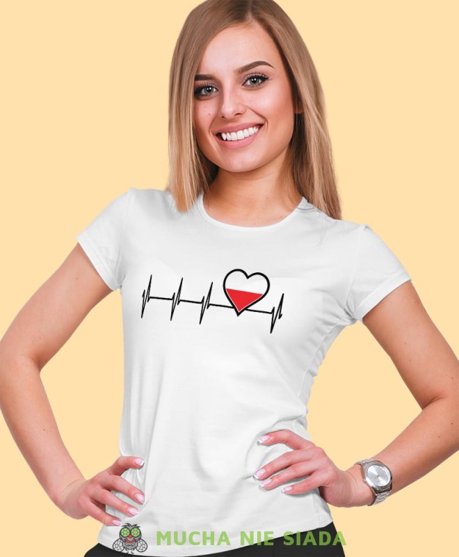 bicie serca biało czerwone serce biała damska koszulka patriotyczna, patriotka, koszulka dla niej, dla dziewczyny, koszulka na prezent.jpg