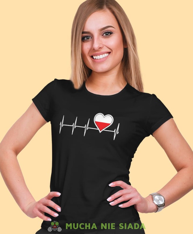 bicie serca biało czerwone serce czarna damska koszulka patriotyczna, patriotka, koszulka dla niej, dla dziewczyny, koszulka na prezent.jpg