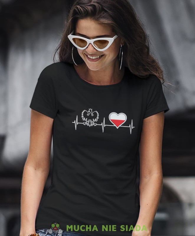 Orzeł Polski bicie serca biało czerwone serce czarna damska koszulka patriotyczna, patriotka, koszulka dla niej, dla dziewczyny, koszulka na prezent.jpg