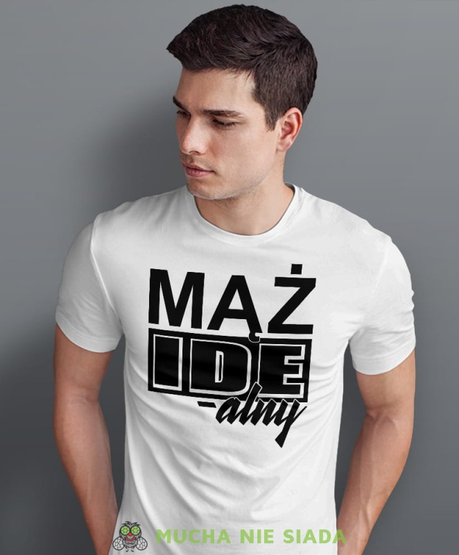 mąż idealny biała męska koszulka z nadrukiem dla męża, na co dzień, na prezent, fajna koszulka.jpg