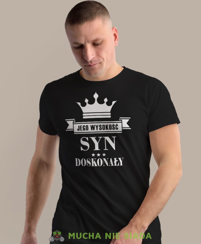 jego wysokość syn doskonały, czarna męska koszulka dla syna, koszulka z nadrukiem, na prezent, na urodziny.jpg