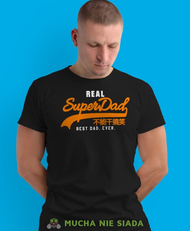 real superdad best dad ever, czarna męska koszulka dla taty, koszulka z nadrukiem, na prezent, na urodziny.jpg