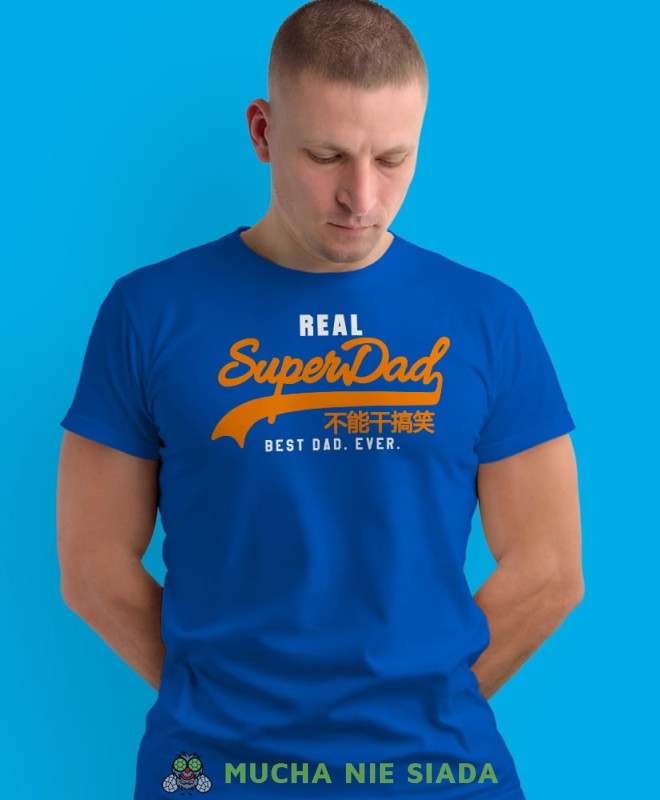 real superdad best dad ever, niebieska męska koszulka dla taty, koszulka z nadrukiem, na prezent, na urodziny.jpg