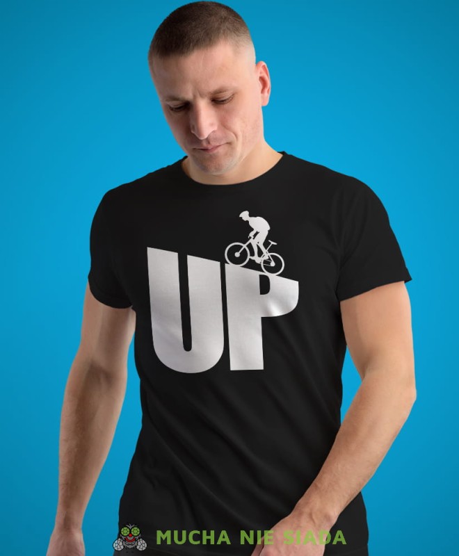 UP, czarna męska koszulka rowerowa z nadrukiem, na rower, na co dzień, na prezent, fajna koszulka dla chłopaka, rower, rowerzysta.jpg