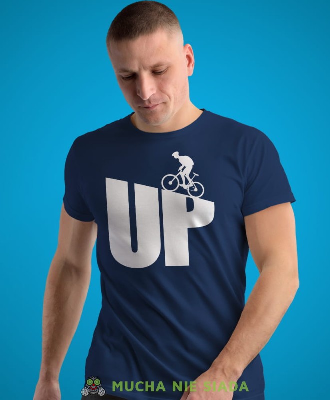 UP, granatowa męska koszulka rowerowa z nadrukiem, na rower, na co dzień, na prezent, fajna koszulka dla chłopaka, rower, rowerzysta.jpg