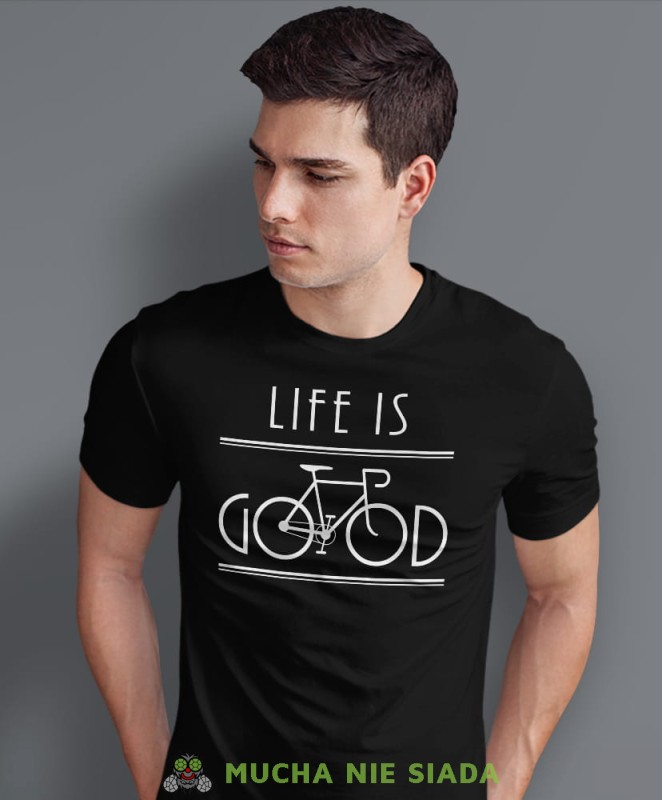 life is good, czarna męska koszulka rowerowa z nadrukiem, na rower, na co dzień, na prezent, fajna koszulka dla chłopaka, rower, rowerzysta.jpg
