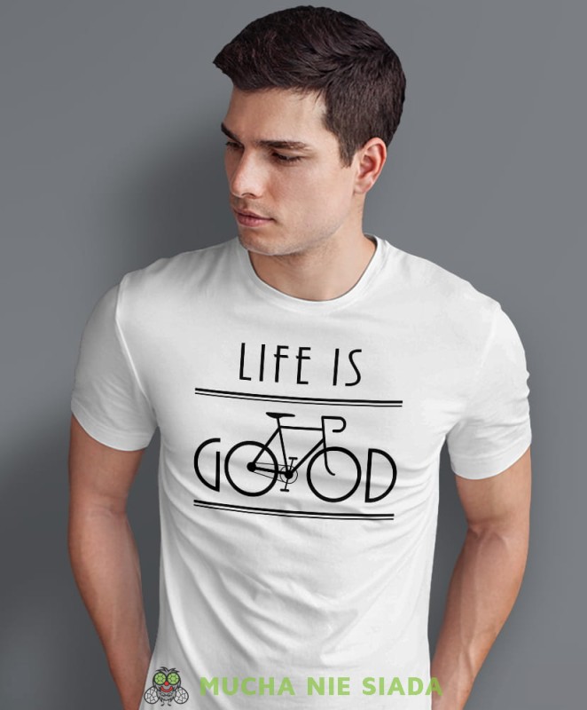 life is good, biała męska koszulka rowerowa z nadrukiem, na rower, na co dzień, na prezent, fajna koszulka dla chłopaka, rower, rowerzysta.jpg