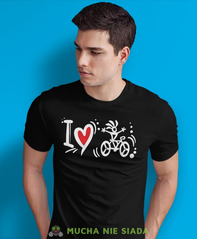 i love bicycle, czarna męska koszulka rowerowa z nadrukiem, na rower, na co dzień, na prezent, fajna koszulka dla chłopaka, rower, rowerzysta.jpg