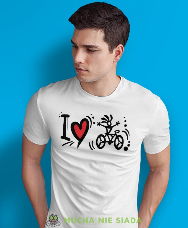 i love bicycle, biała męska koszulka rowerowa z nadrukiem, na rower, na co dzień, na prezent, fajna koszulka dla chłopaka, rower, rowerzysta.jpg