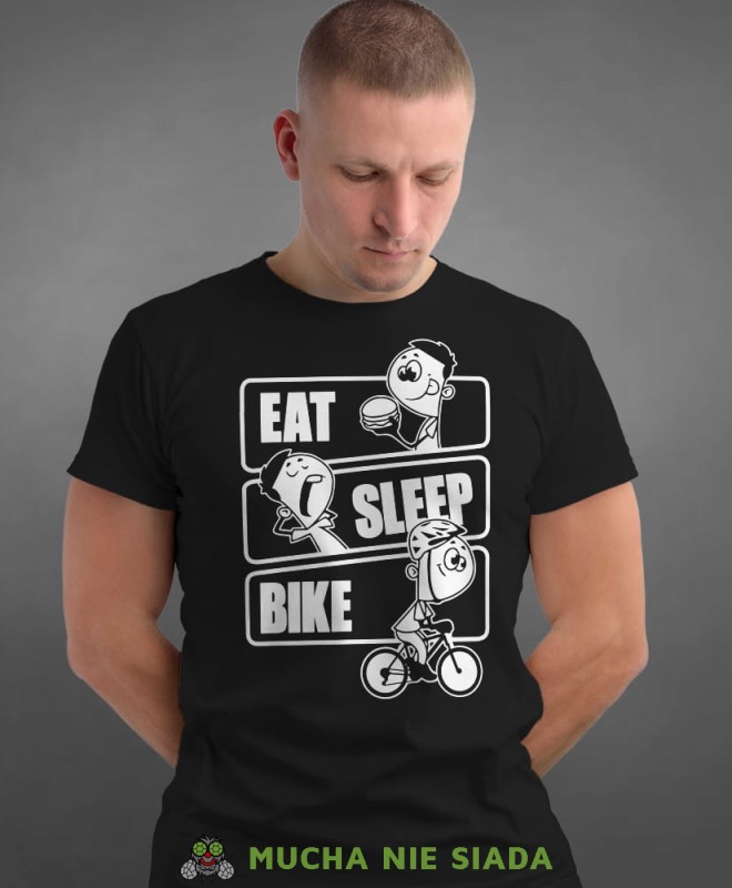 eat sleep bike, czarna męska koszulka rowerowa z nadrukiem, na rower, na co dzień, na prezent, fajna koszulka dla chłopaka, rower, rowerzysta.jpg