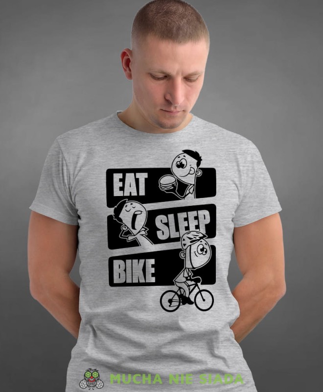 eat sleep bike, szara męska koszulka rowerowa z nadrukiem, na rower, na co dzień, na prezent, fajna koszulka dla chłopaka, rower, rowerzysta.jpg