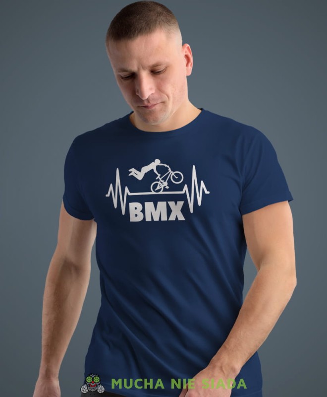 bmx, granatowa męska koszulka rowerowa z nadrukiem, na rower, na co dzień, na prezent, fajna koszulka dla chłopaka, rower, rowerzysta.jpg
