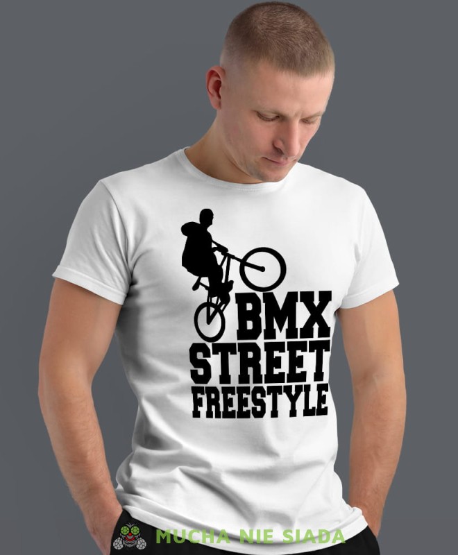 bmx street freestyle, biała męska koszulka rowerowa z nadrukiem, na rower, na co dzień, na prezent, fajna koszulka dla chłopaka, rower, rowerzysta.jpg