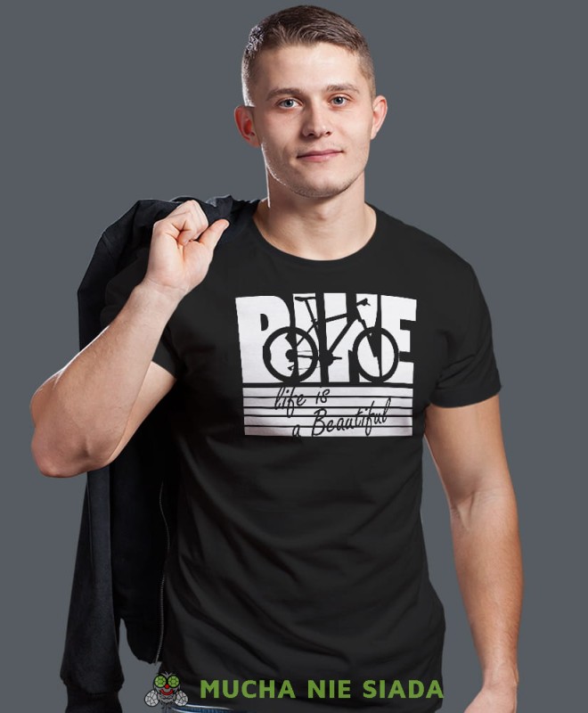 bike life is beautiful, czarna męska koszulka rowerowa z nadrukiem, na rower, na co dzień, na prezent, fajna koszulka dla chłopaka, rower, rowerzysta.jpg