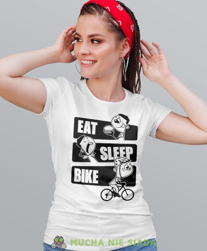 eat sleep bike, biała damska koszulka rowerowa z nadrukiem, na rower, fajna koszulka dla rowerzystki, na co dzień, na prezent.jpg